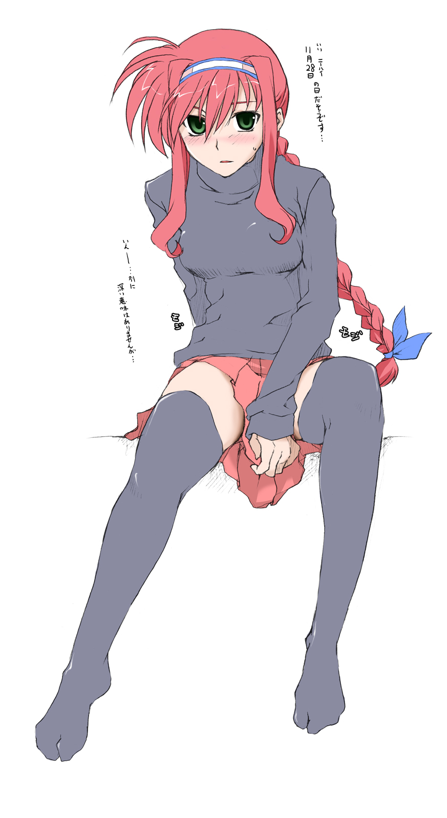 1girl amitie_florian between_legs black_sweater black_thighhighs blue_ribbon blush breasts elf_(stroll_in_the_woods) hair_ribbon hairband hand_between_legs highres invisible_chair long_hair long_sleeves lyrical_nanoha mahou_shoujo_lyrical_nanoha nose_blush pleated_skirt red_skirt ribbon sidelocks sitting skirt sleeves_past_wrists small_breasts solo sweater thighhighs thighs turtleneck turtleneck_sweater white_background