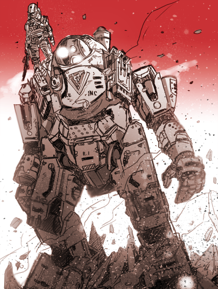 atlas_(titanfall) gun machine_gun mecha mecha_focus monochrome on_mecha pilot_(titanfall_2) robot science_fiction sensor tajima_(minagawa) titan_(titanfall) titanfall titanfall_(series) weapon