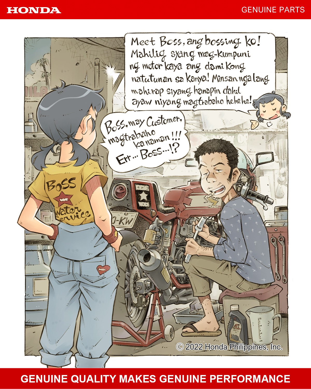 1boy 1girl ad black_hair blue_jumpsuit blue_shirt boss_(genie's_motorcycle_life) bottle box cardboard_box cargo_pants chibi chibi_inset cigarette copyright_notice facial_hair genie's_motorcycle_life genie_(genie's_motorcycle_life) grey_hair hands_on_own_hips highres holding honda jumpsuit jumpsuit_around_waist looking_at_another low_twintails motor_vehicle motorcycle official_art on_box pants philippines print_shirt sandals sekihan shirt short_hair sitting sitting_on_box socket_wrench speech_bubble sweatband tagalog_text translated twintails wrench yellow_shirt