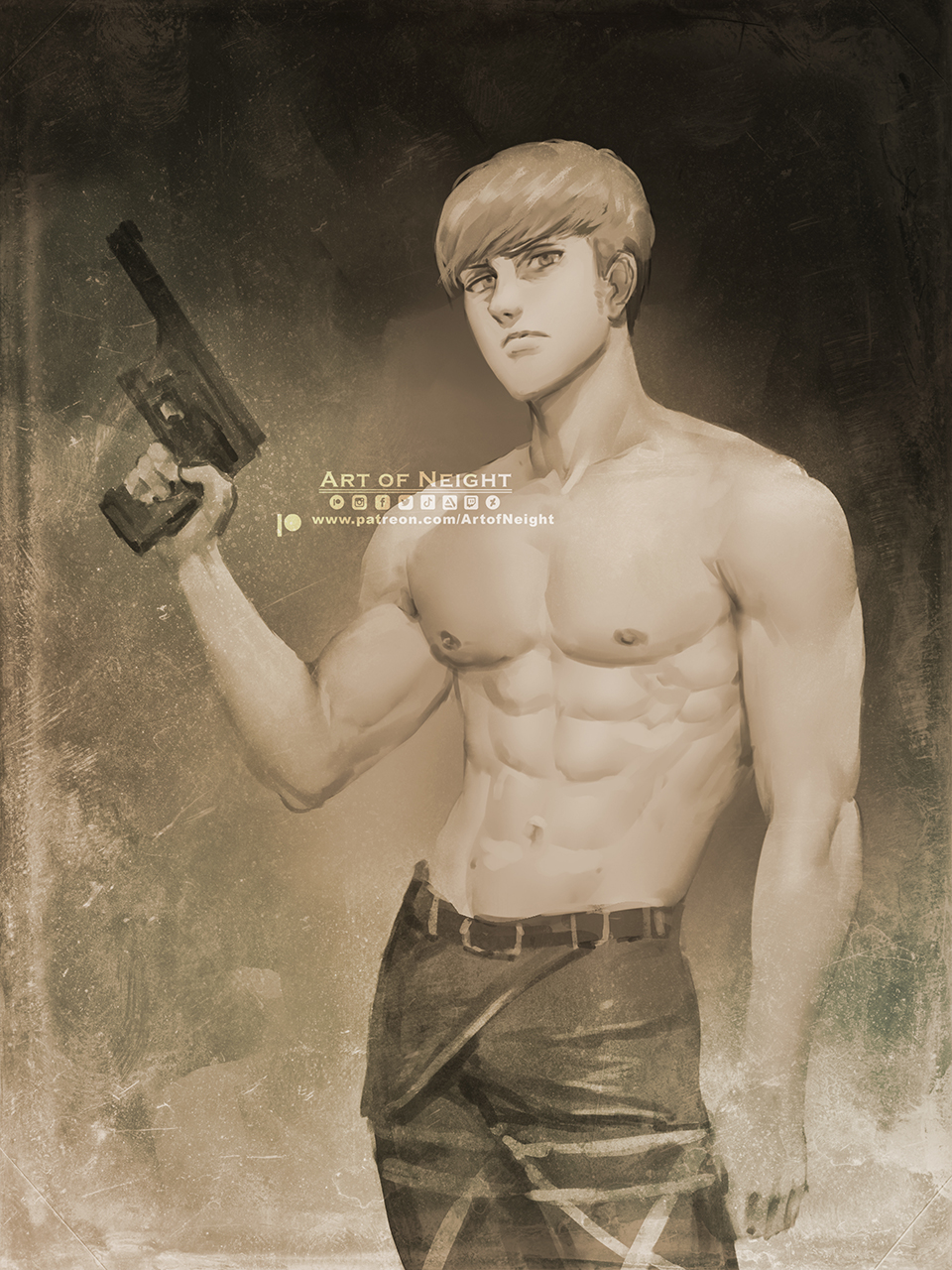 1boy abs art_of_neight artist_name artstation_logo commentary cowboy_shot deviantart_logo facebook_logo floch_forster frown greyscale gun handgun highres holding holding_gun holding_weapon instagram_logo male_focus monochrome muscular muscular_male navel patreon_logo pectorals sepia shingeki_no_kyojin solo tiktok_logo topless_male twitch_logo twitter_logo watermark weapon web_address