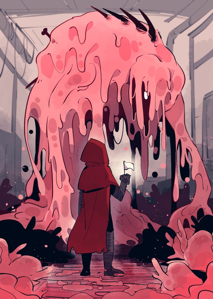 1girl ankle_wrap cape capelet containment_unit flag from_behind full_body indoors little_red_riding_hooded_mercenary lobotomy_corporation melting_love monster project_moon red_cape red_capelet sabaage slime_(substance) standing white_flag wrist_wrap