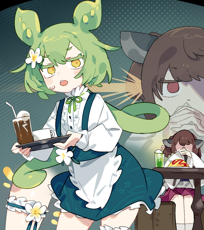 2girls blue_skirt center_frills chestnut_mouth commentary cup food frills gendou_pose green_hair green_ribbon halftone hands_clasped headgear holding holding_tray ice_cream ice_cream_float interlocked_fingers japanese_clothes karei kimono long_hair long_sleeves looking_at_another looking_at_viewer low_ponytail medium_hair melon_soda multiple_girls neck_ribbon newtype_flash official_alternate_costume omelet omurice open_mouth own_hands_clasped own_hands_together ponytail red_skirt ribbon shirt short_kimono sitting skirt small_sweatdrop standing suspender_skirt suspenders symbol-only_commentary table teacup thigh_strap thighs touhoku_kiritan tray twintails very_long_hair voiceroid voicevox waitress_zundamon white_kimono white_shirt wide_sleeves yellow_eyes zoom_layer zundamon