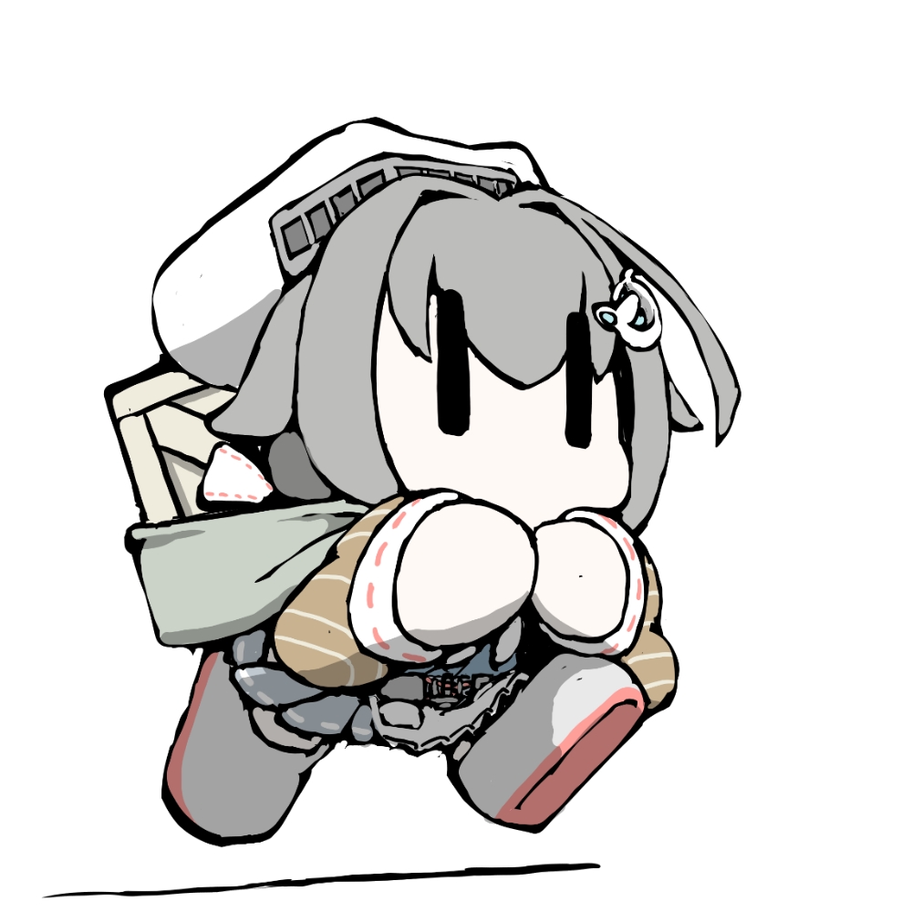 1girl ahoge bandana black_hair chibi crate hair_flaps hair_ornament hairclip jingei_(kancolle) kantai_collection no_mouth pleated_skirt running shawl skirt solid_eyes task_(s_task80) whale_hair_ornament white_background white_bandana |_|