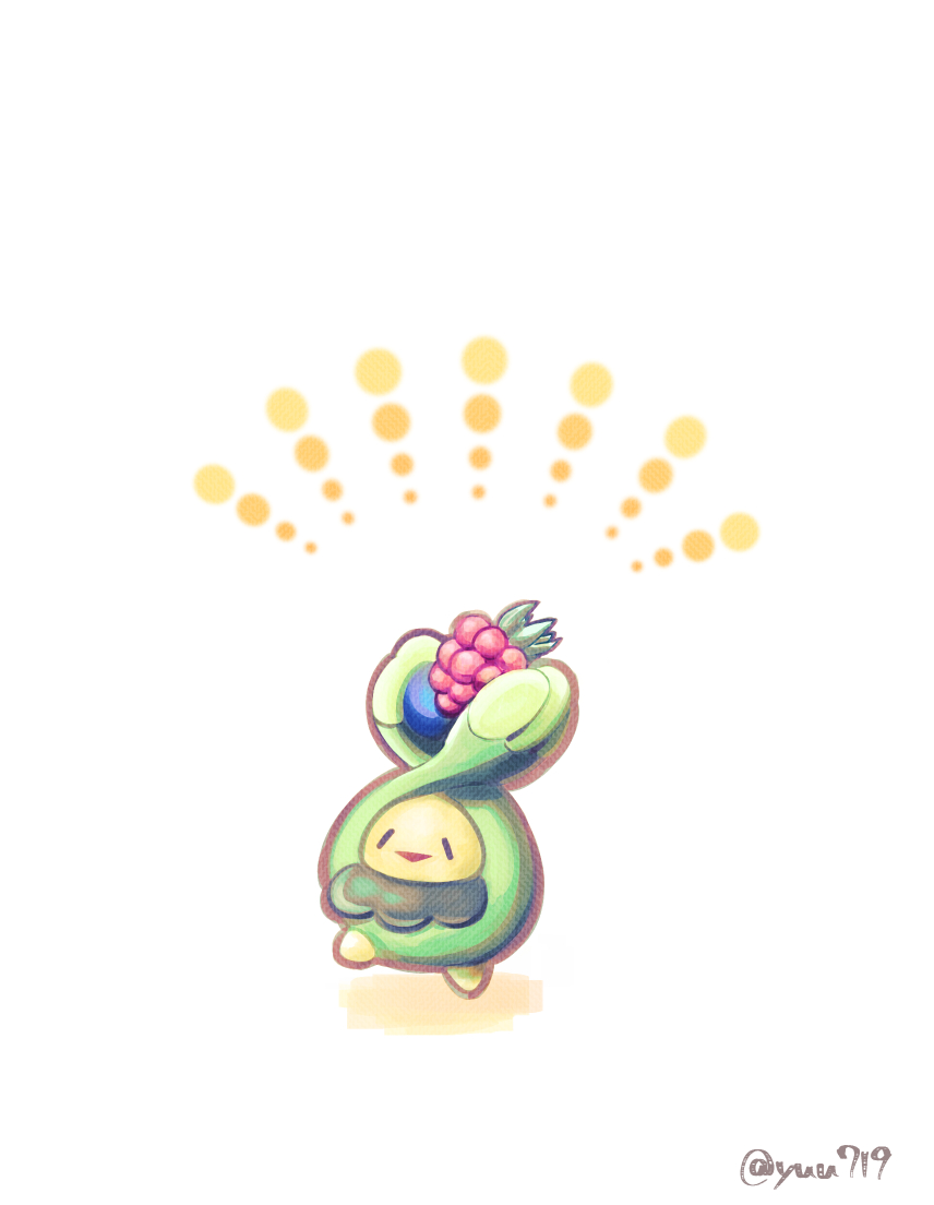 berry_(pokemon) budew commentary_request food fruit full_body gen_4_pokemon holding holding_food holding_fruit nintendo no_humans open_mouth pokemon pokemon_(creature) pokemon_focus razz_berry simple_background smile solo white_background yuu719yuu719