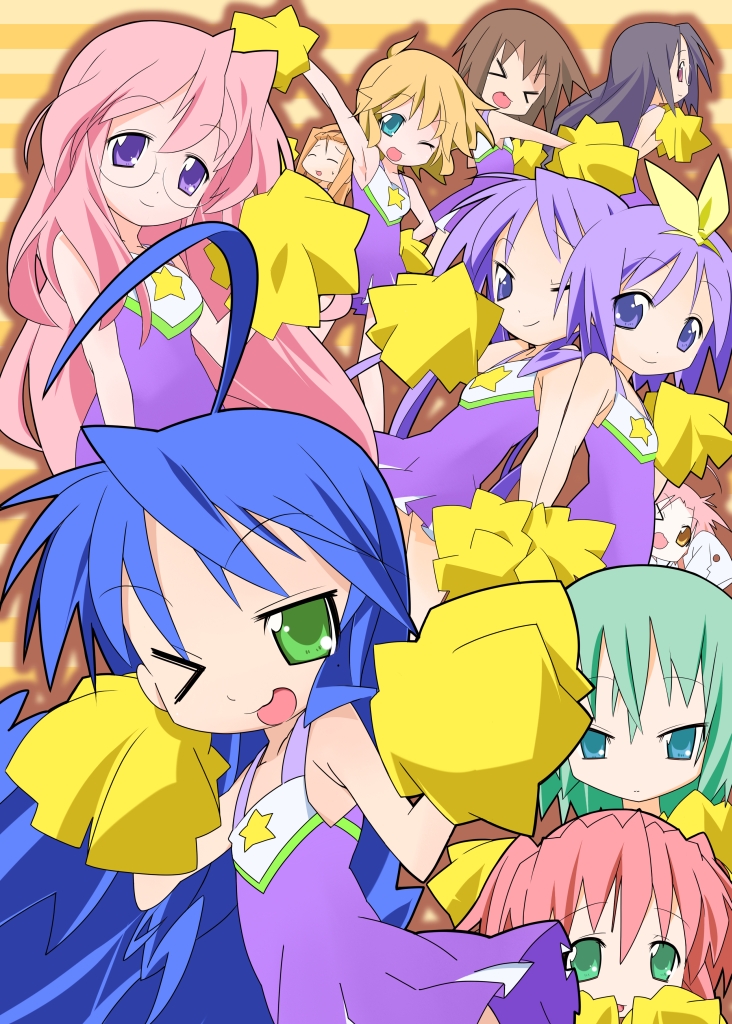 &gt;_&lt; 00s 6+girls cheerleader everyone closed_eyes glasses hiiragi_kagami hiiragi_tsukasa iwasaki_minami izumi_konata kobayakawa_yutaka kogami_akira kusakabe_misao lucky_star minegishi_ayano mole mole_under_eye multiple_girls nyuusankin patricia_martin pom_pom_(cheerleading) sisters takara_miyuki tamura_hiyori twins