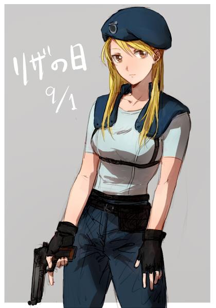 1girl blonde_hair breasts closed_mouth cosplay fingerless_gloves fullmetal_alchemist gloves gun handgun hat holding jill_valentine long_hair looking_at_viewer medium_breasts resident_evil riru riza_hawkeye simple_background solo weapon