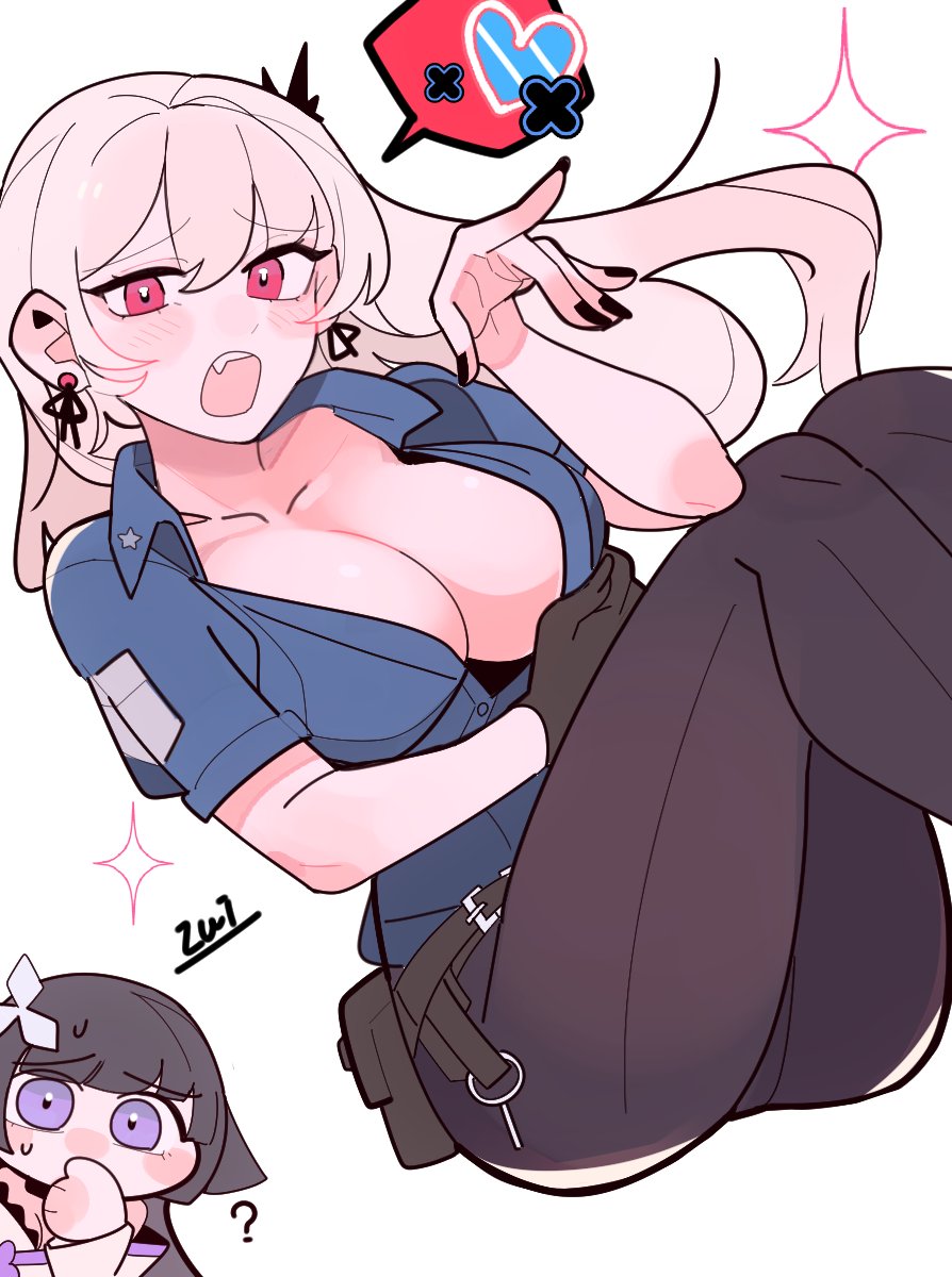 2girls ? belt_pouch black_gloves black_hair black_nails black_pants blonde_hair blue_shirt blush breasts cleavage collarbone collared_shirt commentary_request coquelic_(path_to_nowhere) covering_own_mouth fang feet_out_of_frame gloves hair_behind_ear heart highres large_breasts legs_together long_hair looking_at_viewer multiple_girls nail_polish no_bra open_mouth pants partially_unbuttoned path_to_nowhere peeking_out police police_uniform pouch purple_eyes raised_eyebrows red_eyes ribbon_earrings shirt shuriken_hair_ornament signature simple_background single_glove sitting solo_focus speech_bubble spoken_heart spoken_symbol sumire_(path_to_nowhere) sweatdrop teeth upper_teeth_only white_background zui_(zuihitu)
