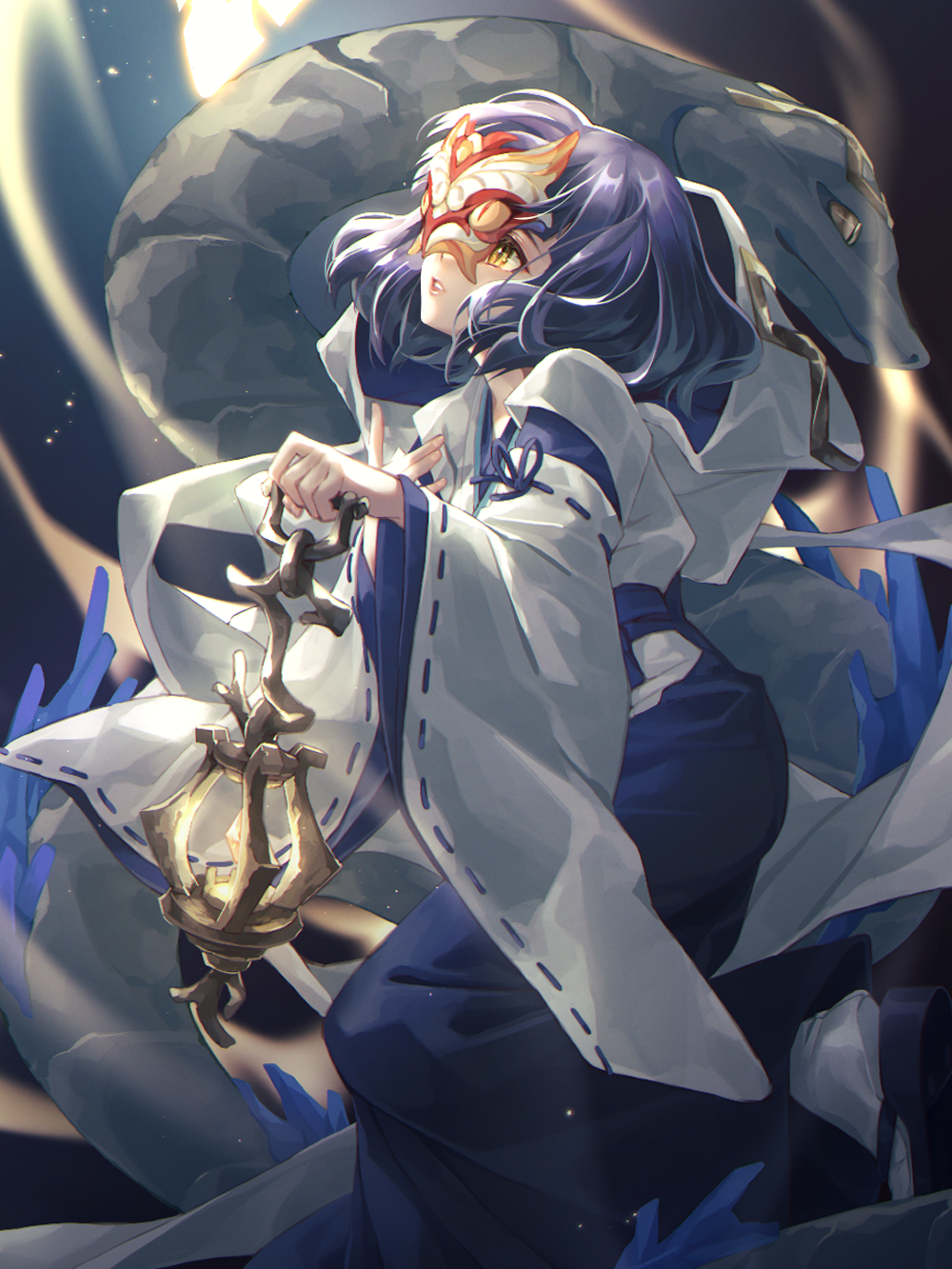 1girl animal black_hair black_sandals blue_hakama blue_ribbon commentary_request eyelashes floating_hair genshin_impact giant_snake hakama hands_up highres holding holding_lantern japanese_clothes kimono lantern light_particles long_sleeves mask medium_hair miko oversized_animal parted_lips ribbon ribbon-trimmed_sleeves ribbon_trim sandals sidelocks slit_pupils snake snake_mask socks solo tsumi_(genshin_impact) white_kimono white_socks wide_sleeves yellow_eyes yoco_n zouri