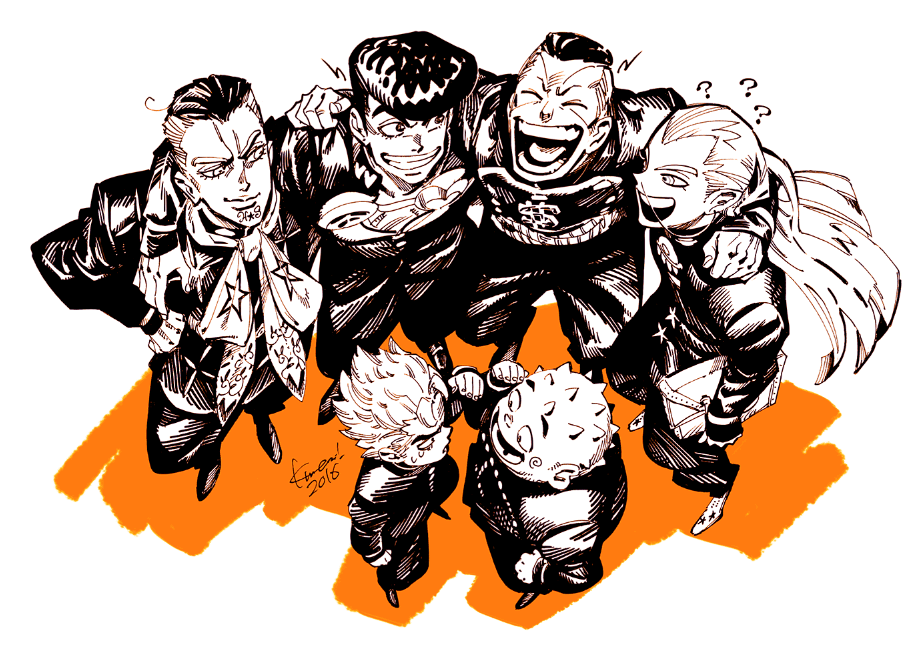 6+boys ? ^_^ bad_id bad_tumblr_id bag belt closed_eyes commentary crest english_commentary from_above gakuran greyscale group_picture hazekura_mikitaka higashikata_josuke hirose_koichi holding holding_bag hug jojo_no_kimyou_na_bouken kotteri long_hair looking_at_another monochrome multiple_boys nijimura_okuyasu partially_colored pompadour sakaki_yuya school_uniform shadow smile yangu_shigekiyo