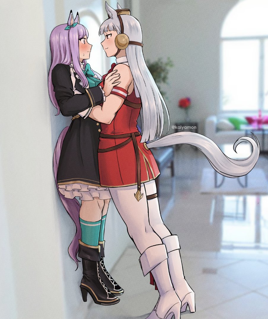 2girls against_wall animal_ears ankle_boots black_boots black_coat blunt_bangs blurry blurry_background blush boots bow bowtie brown_hat closed_mouth coat commentary couch dress ear_bow english_commentary eye_contact face-to-face from_side full_body gloves gold_ship_(red_strife)_(umamusume) gold_ship_(umamusume) green_bow green_bowtie green_socks grey_hair hand_on_another&#039;s_shoulder hat height_difference horse_ears horse_girl horse_tail indoors kabedon kaiyamon lace-up_boots lauren_phillips_lifting_alice_merchesi_(meme) leggings lifting_person long_hair long_sleeves looking_at_another mejiro_mcqueen_(frontline_elegance)_(umamusume) mejiro_mcqueen_(umamusume) meme multiple_girls photo_background pillbox_hat purple_eyes purple_hair red_bow red_bowtie red_dress sidelocks sleeveless sleeveless_dress smile socks standing table tail twitter_username umamusume white_boots white_gloves white_leggings window yuri