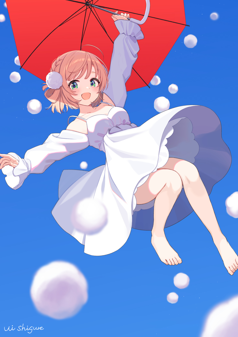 1girl :d alternate_costume bare_legs barefoot blonde_hair blue_sky braid cloud commentary_request dress full_body green_eyes hair_ornament hair_rings high-waist_dress highres holding holding_umbrella indie_virtual_youtuber long_sleeves looking_at_viewer open_mouth outdoors outstretched_arms pom_pom_(clothes) pom_pom_hair_ornament red_umbrella self-portrait shigure_ui shigure_ui_(vtuber) short_hair side_braid sky sleeves_past_wrists smile solo spaghetti_strap swept_bangs umbrella virtual_youtuber white_dress