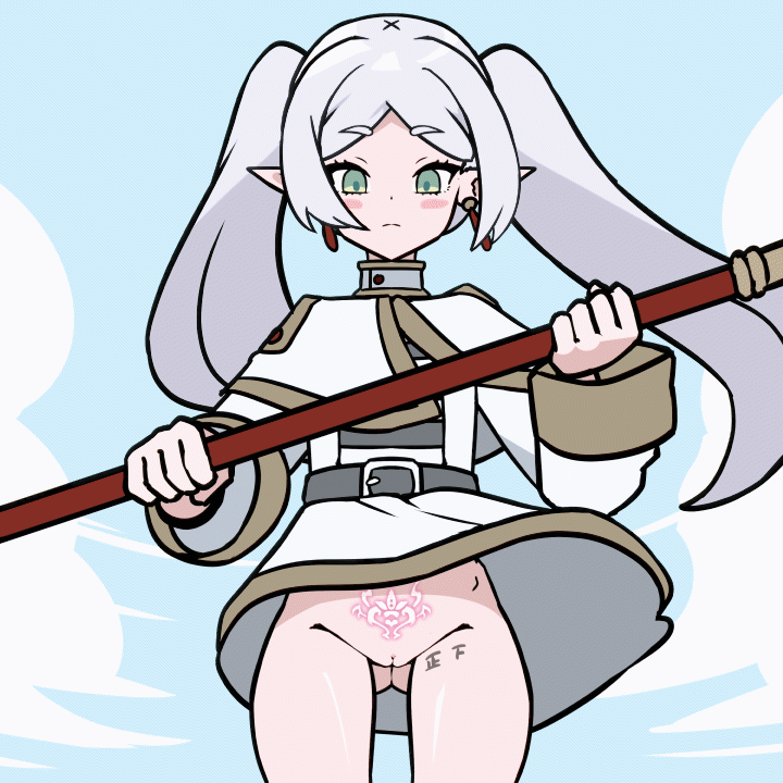 1girl animated animated_gif earrings elf flying frieren gluteal_fold green_eyes grey_hair holding holding_staff jewelry kuma_cacophony no_panties pointy_ears pubic_tattoo pussy sky sousou_no_frieren staff tally tattoo twintails wind wind_lift