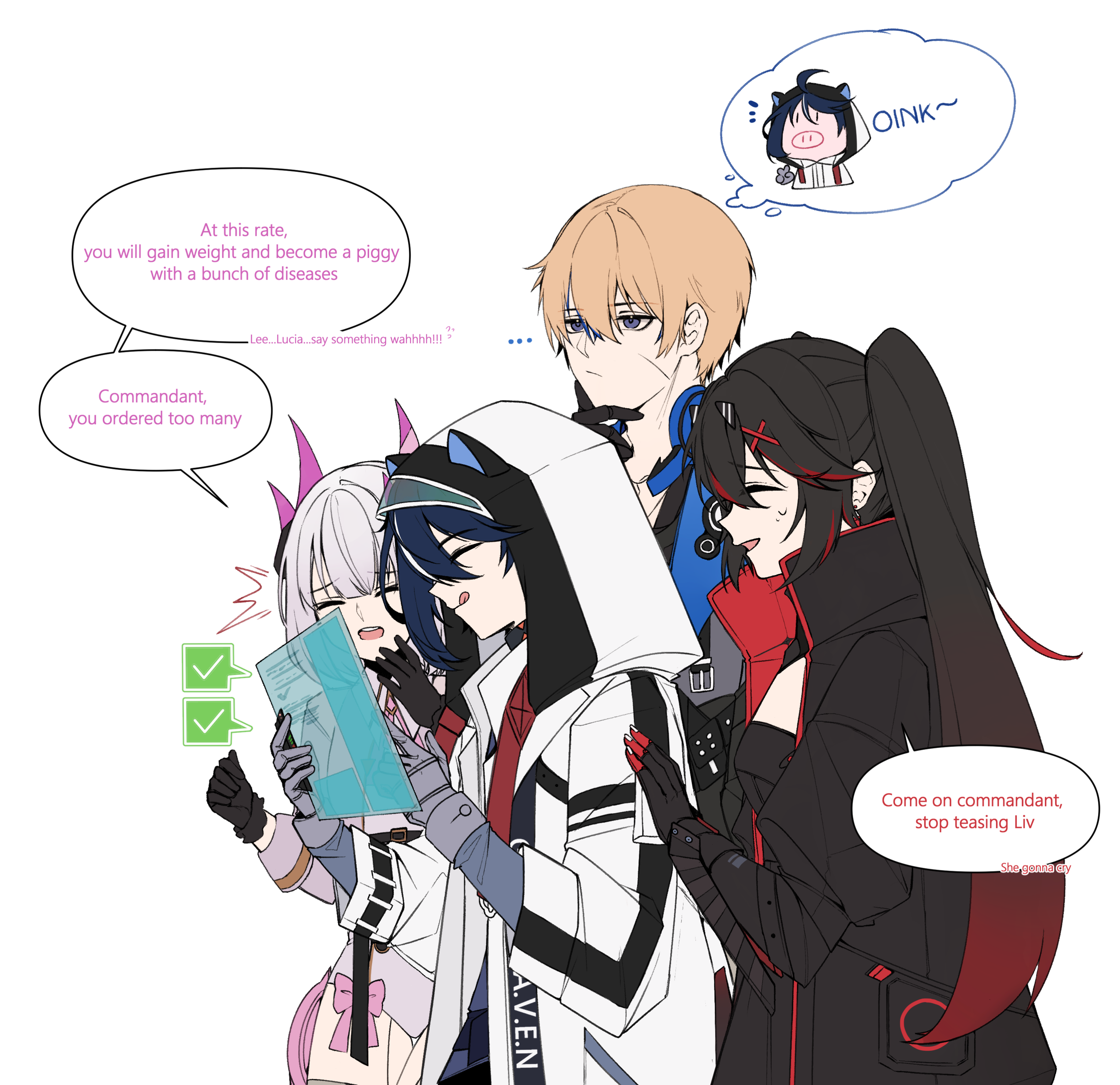 2boys 2girls absurdres commandant_(pgr) dochikun english_text highres image_sample lee:_entropy_(pgr) lee_(pgr) liv:_lux_(pgr) liv_(pgr) lucia:_plume_(pgr) lucia_(pgr) multiple_boys multiple_girls pig pig_snout pixiv_sample punishing:_gray_raven speech_bubble