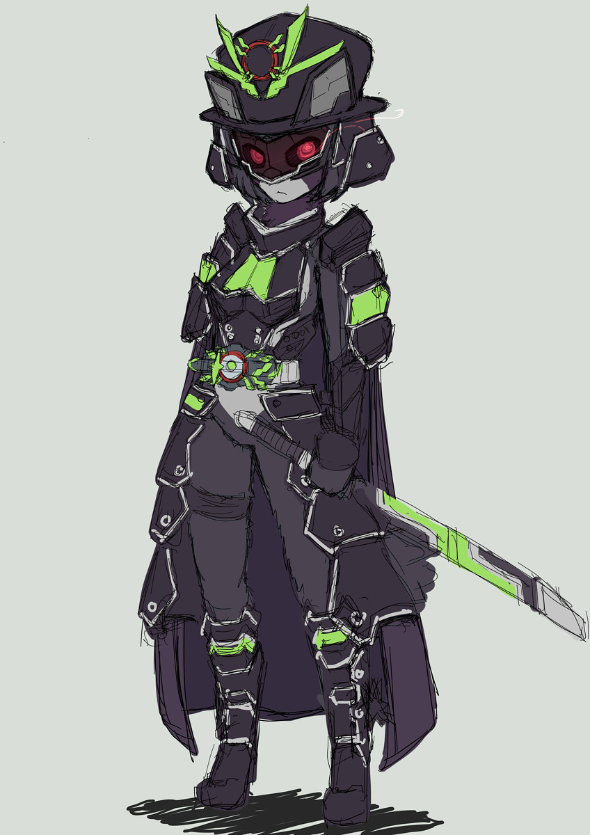 1girl animal_ears armor armored_boots black_armor black_bodysuit bodysuit boots breasts bujin_(geats) bujinsword_buckle cleavage closed_mouth desire_driver genderswap genderswap_(mtf) highres holding holding_sheath holding_sword holding_weapon kamen_rider kamen_rider_geats_(series) kamen_rider_tycoon kamen_rider_tycoon_bujinsword katana medium_breasts power_armor raccoon_ears raccoon_girl rain raise_buckle red_eyes rider-tan sheath shoulder_armor sword wassan_(hakuwashi) weapon