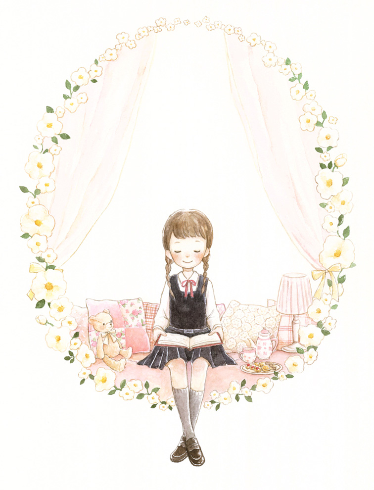 1girl black_skirt black_vest blush braid brown_hair brown_shoes checkerboard_cookie closed_eyes closed_mouth collared_shirt commentary cookie crossed_ankles cup curtains dress facing_viewer floral_print flower flower_wreath food full_body grey_socks indoors lampshade leaf loafers long_sleeves low_twintails neck_ribbon negative_space original pillow pinafore_dress plaid_pillow plate pleated_skirt print_pillow reading red_ribbon ribbon shirt shoes sitting skirt skirt_set sleeveless sleeveless_dress smile socks stuffed_animal stuffed_toy teapot teddy_bear tokoyu twin_braids twintails vest white_background white_flower white_ribbon white_shirt yellow_ribbon