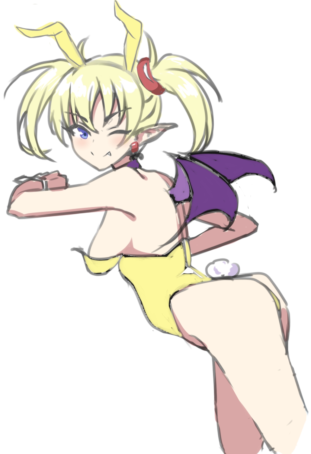 1girl arcana_heart ass blonde_hair breasts demon_girl demon_wings fang highres jin_kichi legs leotard lilica_felchenerow medium_breasts one_eye_closed playboy_bunny rabbit_ears sideboob smile solo thighs twintails wings wink
