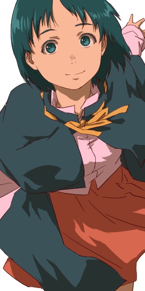 1girl aonori_misuji black_hair closed_mouth honneamise_no_tsubasa looking_at_viewer riquinni_nonderaiko short_hair simple_background smile solo white_background