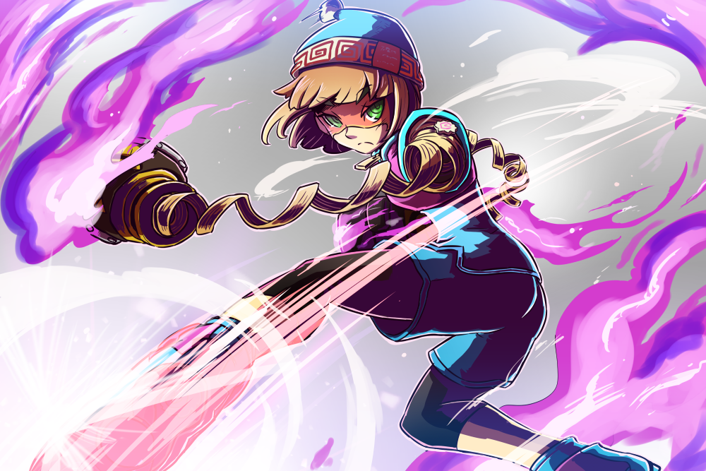 1girl arms_(game) beanie bike_shorts blonde_hair chinese_clothes domino_mask dragon_(arms) facepaint food green_eyes hat hitohito leggings leggings_under_shorts looking_at_viewer mask min_min_(arms) nintendo noodles pantyhose short_hair shorts smile solo