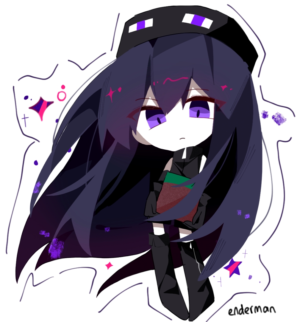 1girl black_boots black_dress black_gloves block_(minecraft) boots chibi closed_mouth dress enderman full_body gloves grass_block holding_block lemonail long_hair looking_at_viewer minecraft personification purple_eyes purple_hair simple_background sleeveless sleeveless_dress solo thigh_boots very_long_hair white_background