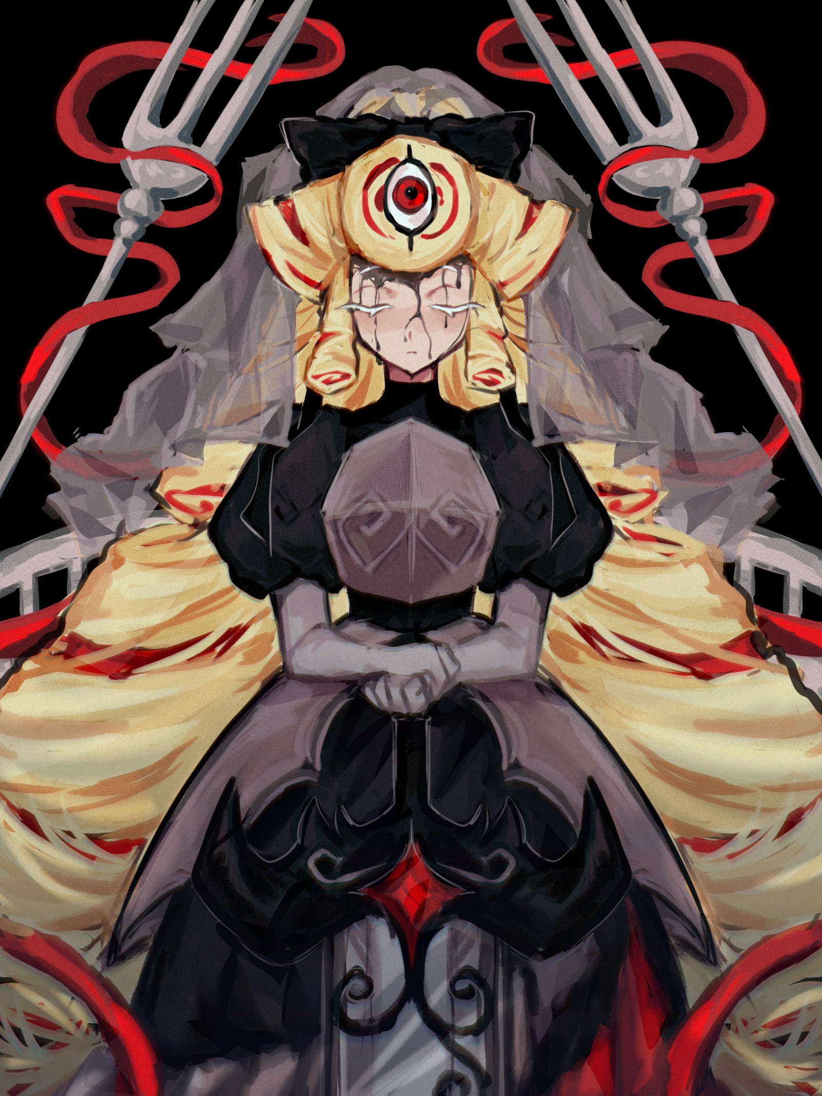 1girl alternate_color alternate_costume armor black_background black_bow black_dress blonde_hair bow closed_eyes colored_eyelashes cookie_run cookie_run:_kingdom cowboy_shot curly_hair dress extra_eyes flipped_bangs fork gem gloves grey_gloves grey_veil highres holding holding_sword holding_weapon humanization kouign-amann_cookie long_hair looking_at_viewer mokaink28 multicolored_hair puffy_short_sleeves puffy_sleeves red_eyes red_gemstone red_hair red_streaks see-through_clothes see-through_veil short_sleeves simple_background solo standing sword veil very_long_hair weapon