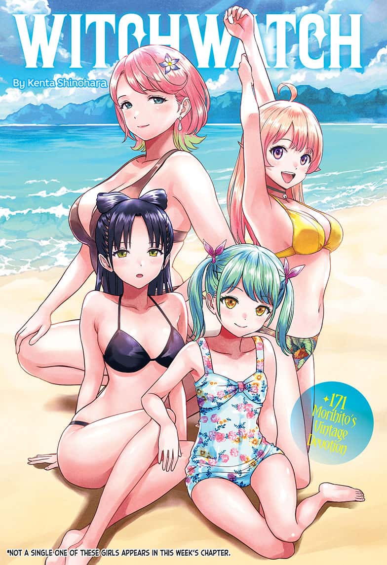 4girls :d ahoge armpits arms_up artist_name bare_arms bare_legs bare_shoulders barefoot beach bikini black_hair blue_eyes blue_sky breasts cleavage cloud colored_tips copyright_logo elbow_rest english_text flat_chest flower green_eyes green_hair hair_flower hair_ornament hair_ribbon hair_rings kneeling kuramochi_momo large_breasts light_blush long_hair medium_hair miyao_nemu mountain multicolored_hair multiple_girls ocean official_art one-piece_swimsuit open_mouth parted_bangs parted_lips pink_hair print_swimsuit purple_eyes ribbon shinohara_kenta sitting sky small_breasts smile swimsuit third-party_source tsuchiya_mii twintails wakatsuki_niko witch_watch yellow_eyes yokozuwari