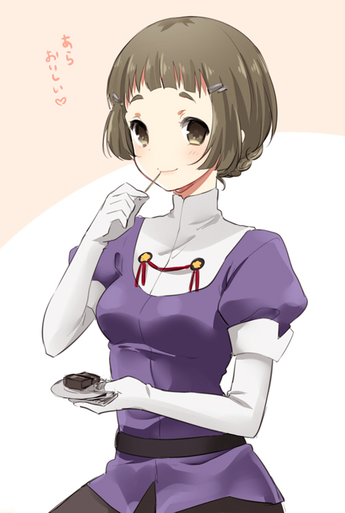 10s 1girl belt black_skirt blunt_bangs blush breasts brown_eyes brown_hair closed_mouth cowboy_shot elbow_gloves eyebrows female_focus food gloves hair_ornament hairclip heart holding ica kantai_collection looking_at_viewer medium_breasts multicolored_background myoukou_(kancolle) puffy_short_sleeves puffy_sleeves short_hair short_sleeves skirt smile solo spoken_heart toothpick translated two-tone_background uniform white_gloves