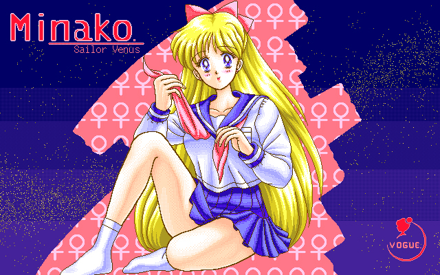 1990s_(style) aino_minako bishoujo_senshi_sailor_moon blonde_hair blue_eyes hair_ribbon inner_senshi long_hair looking_at_viewer pc-98_(style) pixel_art red_ribbon retro_artstyle ribbon sailor_venus school_uniform serafuku socks tongue tongue_out untying vogue white_socks