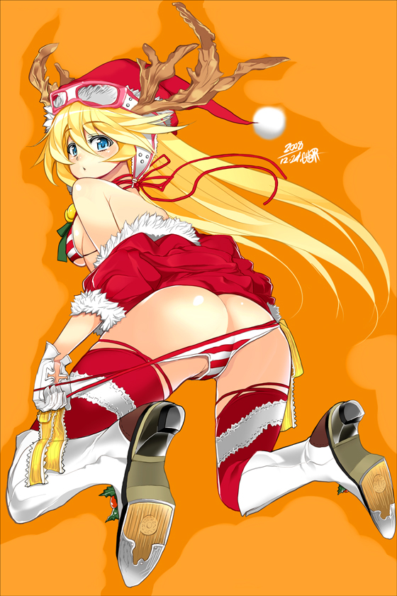 1girl antlers ass bare_shoulders bell bikini blonde_hair blue_eyes boots char christmas female_focus gloves goggles hat horns long_hair original santa_bikini santa_costume santa_hat solo striped_bikini striped_clothes swimsuit thighhighs