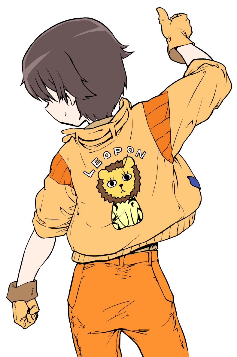 1girl ass brown_hair closed_mouth from_behind girls_und_panzer gloves jacket leopon_(animal) monolith_(suibou_souko) nakajima_(girls_und_panzer) orange_gloves orange_jacket orange_pants pants short_hair simple_background smile solo thumbs_up white_background