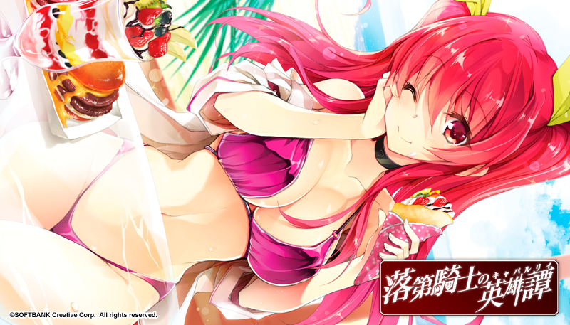 1girl ;) bare_shoulders bikini black_choker blush breasts choker cleavage closed_mouth collarbone copyright_name copyright_notice crepe dutch_angle food hair_between_eyes hair_ribbon hand_on_own_cheek hand_on_own_face heart holding large_breasts long_hair long_sidelocks looking_at_viewer navel novel_illustration off_shoulder official_art one_eye_closed open_clothes open_shirt outdoors parfait purple_bikini rakudai_kishi_no_cavalry red_eyes red_hair ribbon shirt sidelocks smile solo stella_vermillion stomach swimsuit two_side_up white_shirt won_(az_hybrid) yellow_ribbon