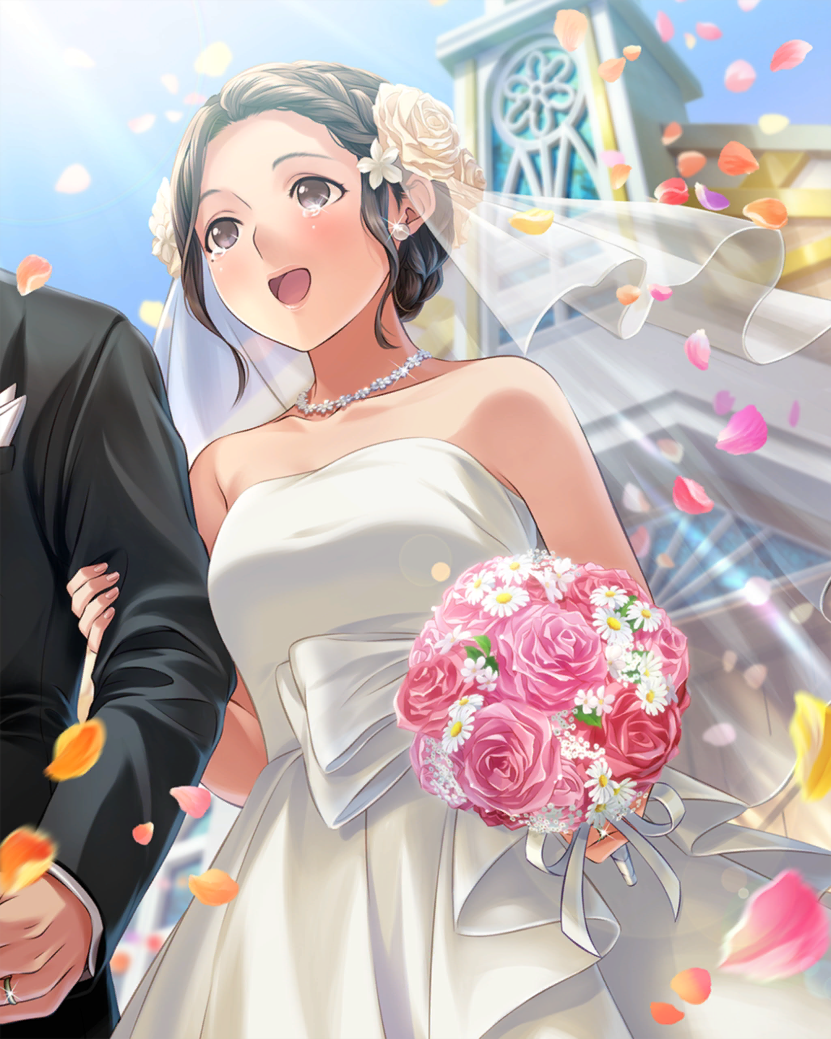 1boy 1girl anegasaki_nene arm_hug bare_shoulders black_suit blue_sky blush bouquet braid braided_bangs breasts bridal_veil bride brown_eyes brown_hair church collarbone cowboy_shot crying crying_with_eyes_open day dress dutch_angle falling_petals flower forehead formal_clothes from_below grabbing_another's_arm groom hair_flower hair_ornament happy_tears highres holding holding_bouquet husband_and_wife jewelry lens_flare light_rays love_plus mole mole_under_eye necklace official_alternate_hairstyle official_art open_mouth orange_petals outdoors petals pink_flower pink_petals pink_rose ring rose sidelocks sky smile solo_focus suit sunbeam sunlight tears tuxedo veil wedding wedding_dress wedding_ring white_flower white_rose yellow_petals