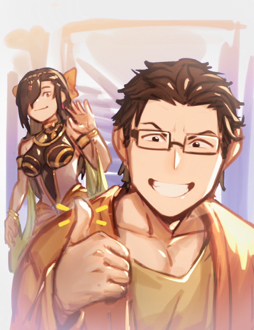 2boy black_hair breast_padding brown_eyes crossdressing dancer father_and_son glasses hair_over_one_eye hair_ribbon highres long_hair natsuki_kenichi natsuki_subaru natsumi_schwarz re:zero_kara_hajimeru_isekai_seikatsu ribbon short_hair slothfulonie smile thumbs_up very_long_hair