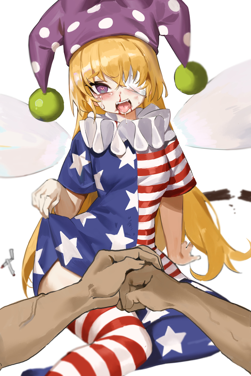 1boy 1girl alternate_legwear american_flag_dress asymmetrical_legwear bandage_over_one_eye bandages blonde_hair blood blood_on_face clothes_lift clownpiece dress dress_lift fairy_wings hat heart heart-shaped_pupils highres injury jester_cap long_hair open_mouth oreomanko purple_eyes purple_hat ryona spiked_thighlet symbol-shaped_pupils thighhighs tongue tongue_out touhou white_background wings
