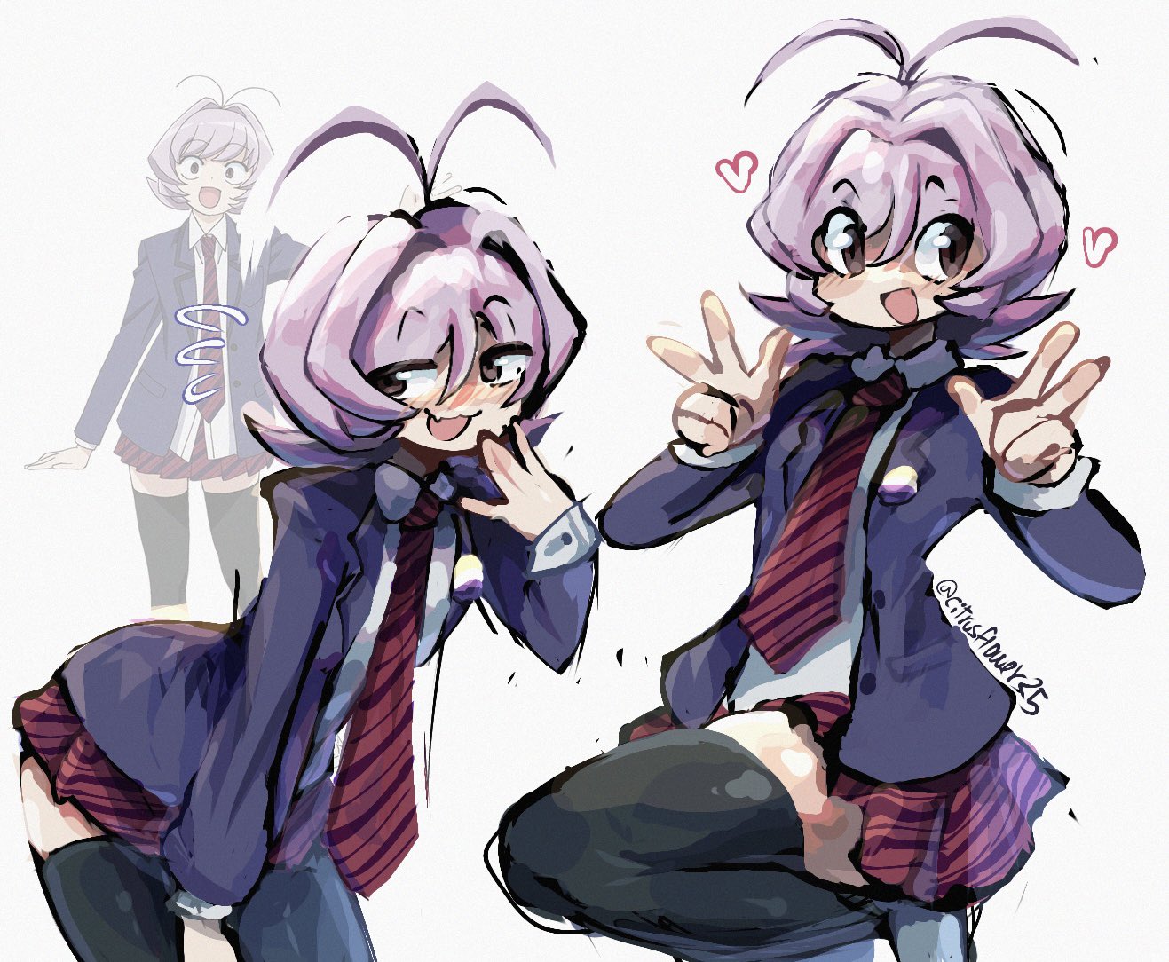 1other ahoge androgynous antenna_hair antennae artist_name blouse blush breasts brown_eyes curvy enby_colors enby_flag eyes_visible_through_hair fang female_focus heart itan_private_high_school_uniform komi-san_wa_komyushou_desu long_sleeves necktie no_nose non-binary_flag nose_blush osana_najimi_(komi-san_wa_komyushou_desu) oversized_clothes peace_symbol pulling_own_clothes purple_hair raised_eyebrows reference_photo school_uniform shirt short_hair signature skirt small_breasts smug thick_thighs thighhighs thighs tomboy transgender white_background white_shirt