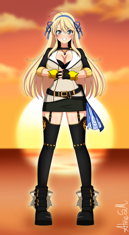 1girl ahoge alinesm asymmetrical_legwear belt black_boots black_gloves black_shorts blazer blonde_hair blouse blue_eyes blue_necktie blue_ribbon boots breasts brown_boots brown_jacket buckle cleavage commission cosplay crossover ember_celica_(rwby) fingerless_gloves gloves hair_ribbon high_heel_boots high_heels jacket katsuragi_(senran_kagura) knee_boots kneehighs large_breasts long_hair neck_ribbon necktie over-kneehighs plaid_clothes plaid_skirt puffy_short_sleeves puffy_sleeves ribbon rwby senran_kagura senran_kagura_new_wave shirt short_sleeves shorts skirt smile socks solo strapless thighhighs tube_top uneven_legwear waist_cape white_shirt yang_xiao_long yang_xiao_long_(cosplay) yellow_shirt