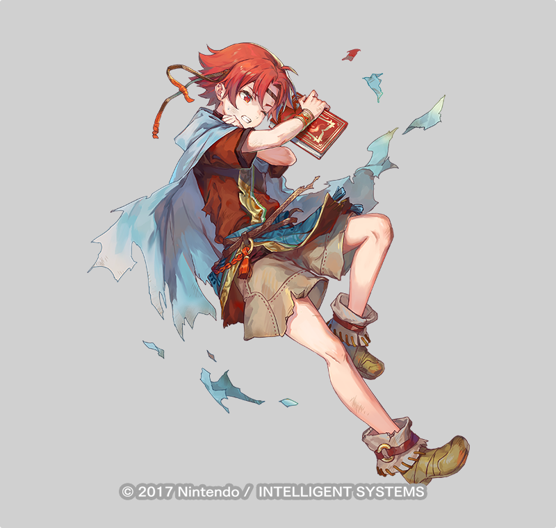 1boy azu-taro belt book boots bracelet cape circlet ewan_(fire_emblem) fire_emblem fire_emblem:_the_sacred_stones fire_emblem_heroes full_body grey_background jewelry male_focus nintendo official_art one_eye_closed red_eyes red_hair solo teeth torn_clothes