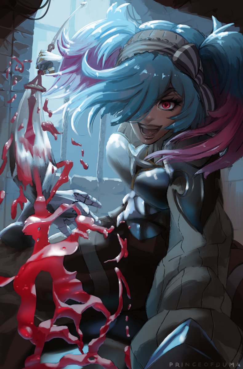 1girl armor bars blood bloody_weapon blue_hair bow_hairband breastplate evil_smile fire_emblem fire_emblem_fates frilled_hairband frills gloves gradient_hair hair_over_one_eye hairband highres holding holding_polearm holding_weapon indoors long_eyelashes long_sleeves looking_at_viewer moonlight multicolored_hair night nintendo open_mouth peri_(fire_emblem) pink_hair polearm pov princeofduma red_eyes ribbed_shirt shirt shoulder_armor smile solo spear stab twintails two-tone_hair weapon window