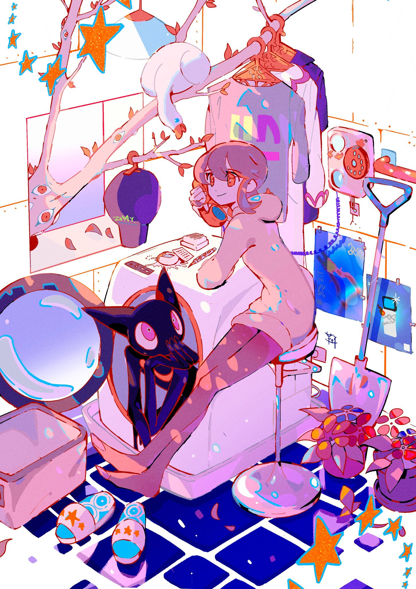 1girl aozukikawasemi black_hat brown_hair cat clothes_hanger colored_inner_hair floor grey_hoodie grey_pants hat highres holding holding_phone hood hoodie ink_neko multicolored_hair nira-chan nira-chan_(seigi)_(zutomayo) no_mouth on_chair orange_eyes orange_hair pants phone plant red_eyes seigi_(zutomayo) shirt shovel sitting slippers smile unworn_clothes unworn_hat unworn_headwear unworn_shirt washing_machine white_footwear zutto_mayonaka_de_ii_no_ni