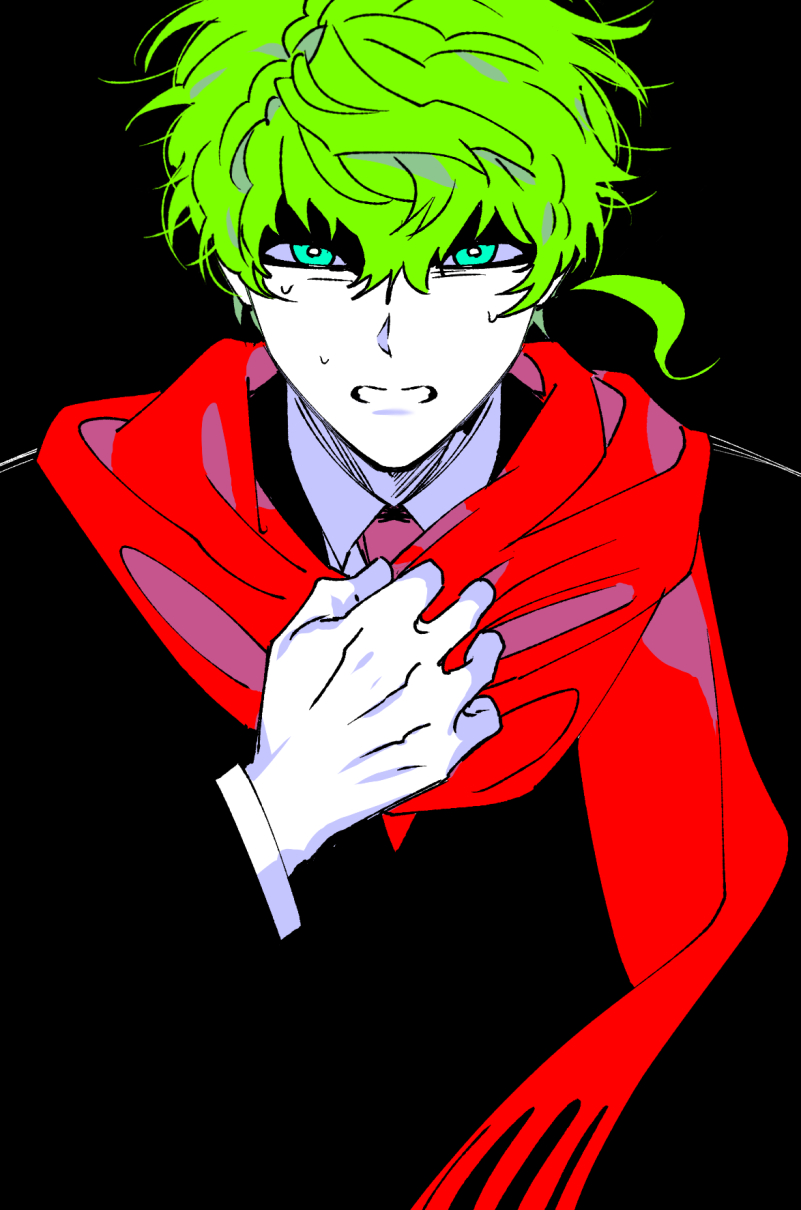 1boy aqua_eyes cherryekdyd clenched_teeth clutching_chest collared_shirt green_hair hair_between_eyes highres kimi_ga_shine korean_commentary looking_at_viewer male_focus midori_(kimi_ga_shine) necktie red_necktie red_scarf scarf shirt short_hair solo sweat teeth upper_body white_shirt