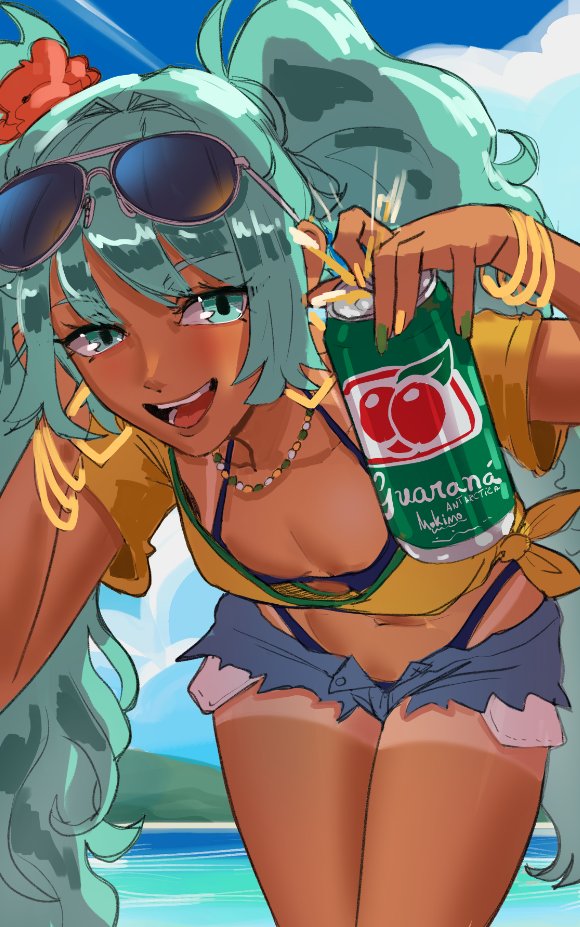 1girl aqua_eyes aqua_hair beach blue_shorts blue_sky borrowed_design brazilian_miku breasts cropped_shirt day downblouse earrings eyewear_on_head flower green_nails guarana_antarctica hair_flower hair_ornament hatsune_miku jewelry leaning_forward long_hair midriff mokimolewds nail_polish navel necklace open_mouth outdoors print_shirt red_flower shirt short_sleeves shorts sky small_breasts smile solo sunglasses tan tanline twintails vocaloid water yellow_nails
