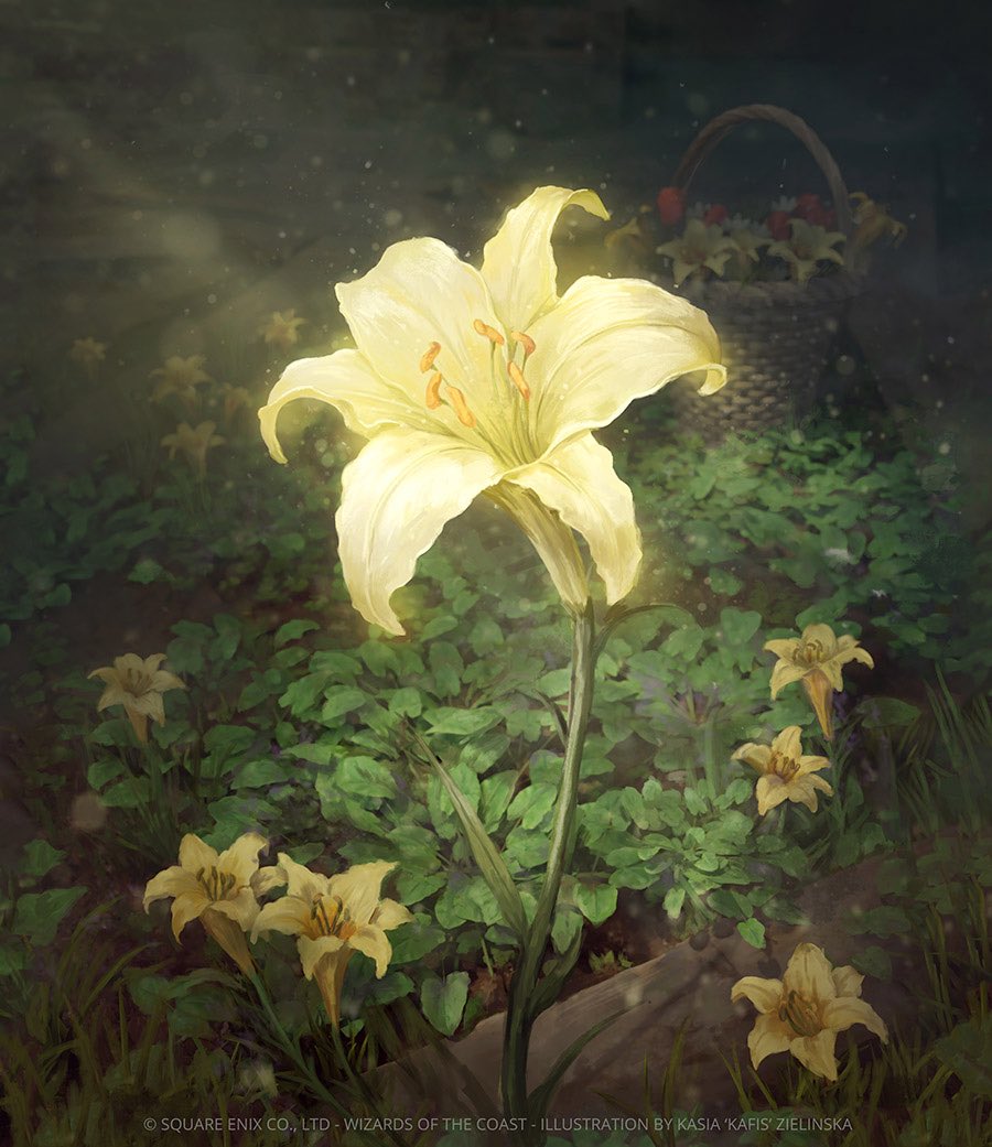 artist_name crossover final_fantasy final_fantasy_vii final_fantasy_vii_remake flower flower_basket garden kafisart leaf lily_(flower) magic:_the_gathering no_humans official_art outdoors plant red_flower square_enix sunlight tulip white_flower yellow_flower