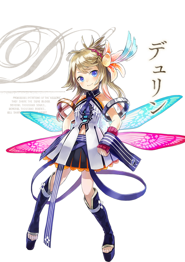 1girl blonde_hair blue_eyes boots character_name closed_mouth dulyn fairy fairy_wings flower full_body hair_flower hair_ornament insect_wings long_hair looking_at_viewer miniskirt navel official_art open-toe_boots phantom_of_the_kill platform_boots platform_footwear second-party_source simple_background skirt smile solo transparent_background watarubou wings