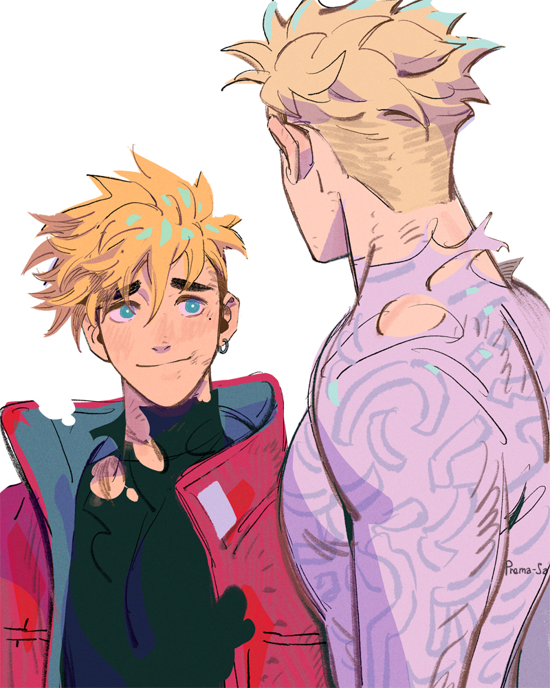 2boys artist_name black_shirt blonde_hair blue_eyes bodysuit brothers closed_mouth earrings eyes_visible_through_hair facing_another facing_away from_behind hair_between_eyes jacket jewelry looking_at_another male_focus messy_hair millions_knives multiple_boys muscular pixiv_username prema-ja red_jacket shirt short_hair siblings simple_background single_earring sketch smile spiked_hair torn_bodysuit torn_clothes torn_jacket torn_shirt trigun trigun_stampede turtleneck vash_the_stampede white_bodysuit