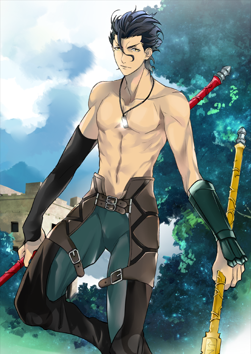 1boy azuazuazu19 belt belt_buckle black_boots black_gloves black_hair boots brown_belt buckle castle closed_mouth cowlick diarmuid_ua_duibhne_(fate) diarmuid_ua_duibhne_(lancer)_(fate) dog_tags dual_wielding elbow_gloves fate/grand_order fate_(series) feet_out_of_frame gae_buidhe_(fate) gae_dearg_(fate) gloves green_pants hair_between_eyes holding holding_polearm holding_weapon jewelry knee_up looking_to_the_side male_focus medium_hair mole mole_under_eye navel official_art outdoors pants pectorals pendant polearm short_sleeves single_bracer single_glove solo third-party_source toned toned_male topless_male tree variant_set weapon yellow_eyes