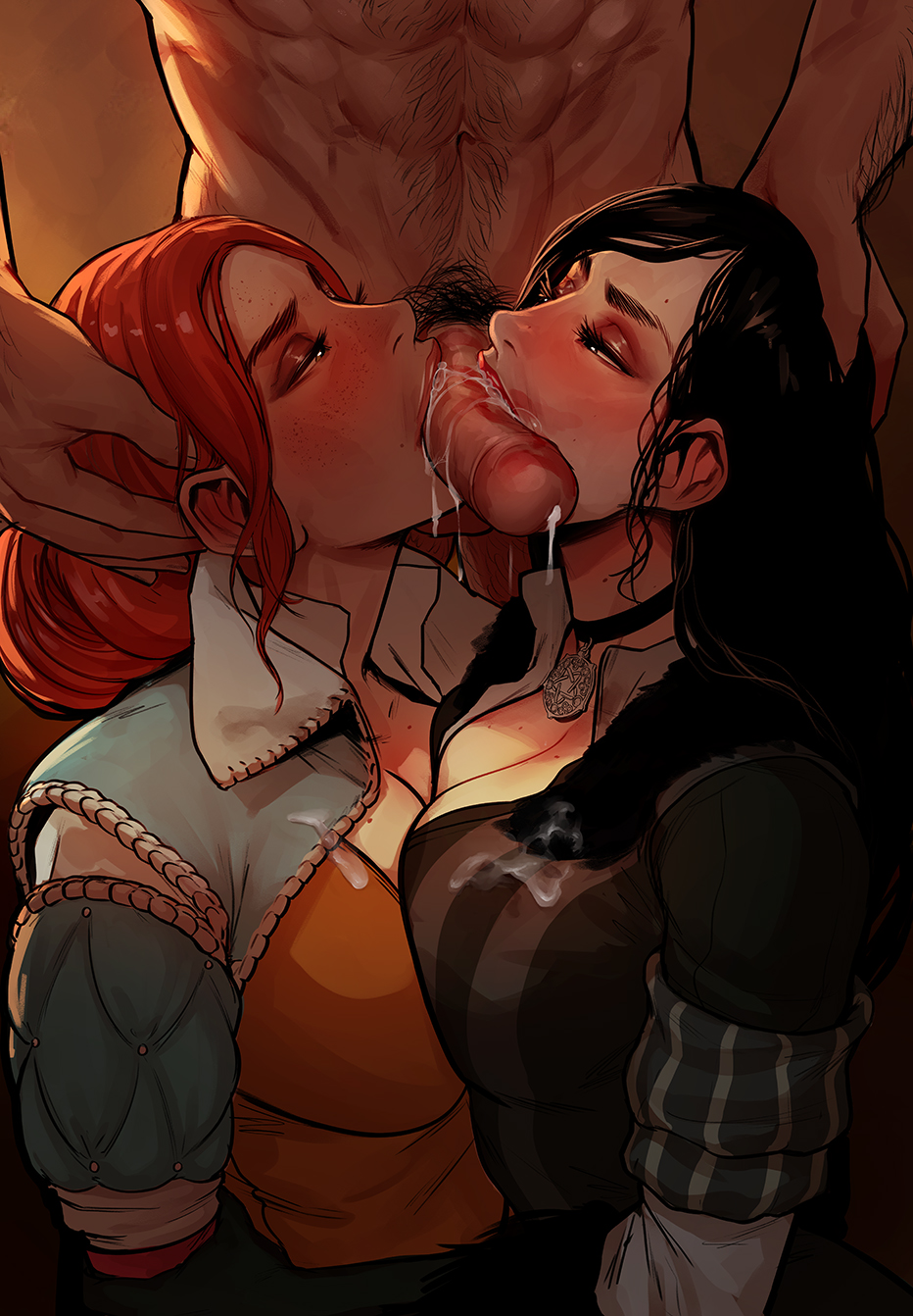 1boy 2girls black_hair blush breasts cherry-gig choker cleanup_fellatio cleavage clothed_female_nude_male commentary completely_nude cooperative_fellatio cum cum_on_clothes english_commentary fellatio ffm_threesome freckles from_side geralt_of_rivia group_sex half-closed_eyes hand_on_another&#039;s_head highres jewelry large_breasts long_hair male_pubic_hair multiple_girls nude oral penis pubic_hair red_hair red_lips teamwork_(sexual) the_witcher_(series) the_witcher_3 threesome triss_merigold yennefer_of_vengerberg