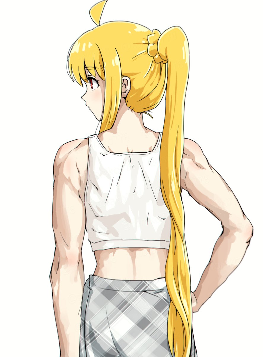 1girl ahoge back blonde_hair bocchi_the_rock! highres ijichi_nijika long_hair muscular muscular_female orange_eyes side_ponytail solo tank_top torako_(toramaru) very_long_hair white_background