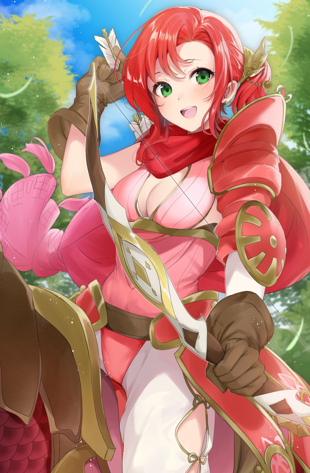 1girl alternate_costume armor arrow_(projectile) bow_(weapon) breasts cleavage commission fire_emblem fire_emblem:_mystery_of_the_emblem fire_emblem:_new_mystery_of_the_emblem fire_emblem:_shadow_dragon gloves green_eyes haru_(nakajou-28) highres holding holding_bow_(weapon) holding_weapon horseback_riding leather leather_gloves leotard nintendo norne_(fire_emblem) open_mouth pink_leotard ponytail red_hair red_scarf riding scarf shoulder_armor skeb_commission solo tree weapon