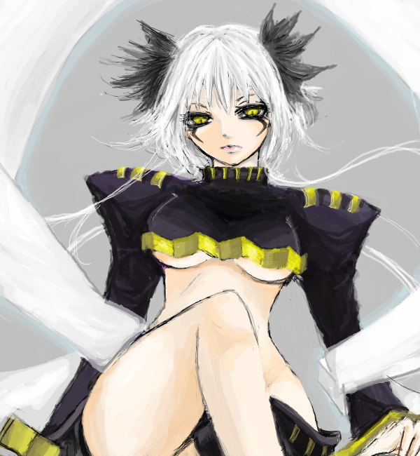 1girl alternate_form alternate_hair_color bare_legs blush breasts chinese_clothes crop_top female_focus fushoku houshin_engi large_breasts looking_at_viewer midriff navel ou_kijin short_hair smile solo thong white_hair yellow_eyes
