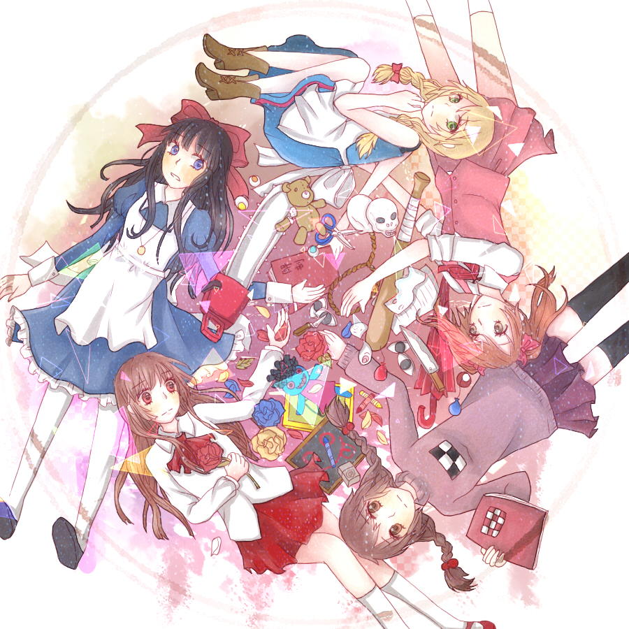 5girls aki_(misao) aya_drevis baseball_bat black_hair blonde_hair blue_eyes blush book bow braid brown_eyes brown_hair chainsaw crossover doll flower gradient_background green_eyes hair_bow hair_ribbon ib_(ib) ib_(kouri) large_bow mad_father madotsuki majo_no_ie misao multiple_crossover multiple_girls red_eyes red_flower red_rose ribbon rose sidelocks skirt skull stuffed_animal stuffed_toy teddy_bear twin_braids viola_(majo_no_ie) yume_nikki