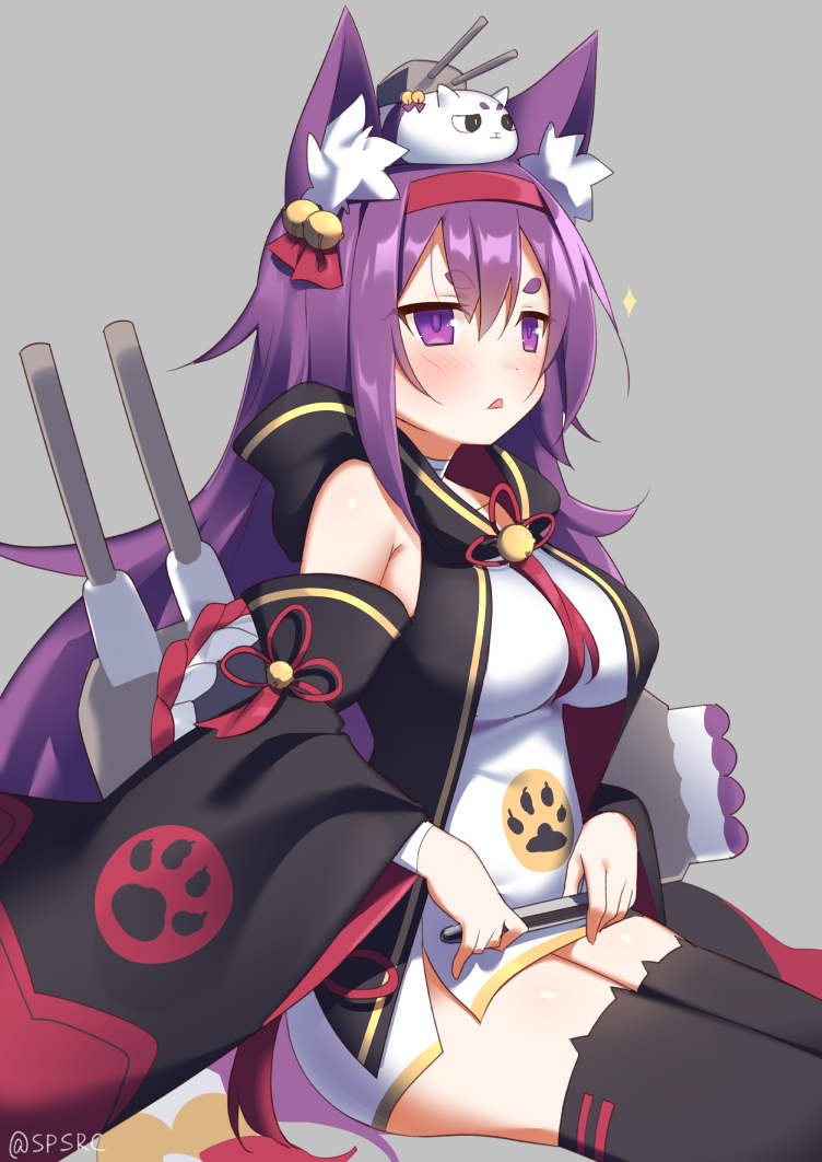 1girl animal_ears azur_lane bell black_thighhighs blush breasts brown_hair cannon cat_ears detached_sleeves female_focus from_side grey_background hairband jingle_bell large_breasts long_hair long_sleeves parted_lips purple_eyes purple_hair short_eyebrows simple_background sitting solo supershiruco thick_eyebrows thighhighs twitter_username urakaze_(azur_lane) wide_sleeves
